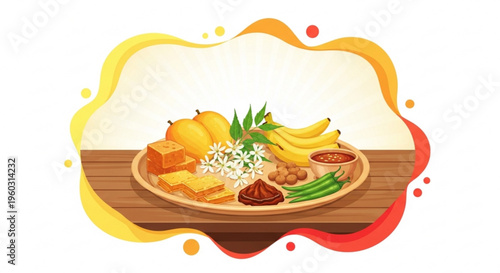Vibrant plate of assorted fruits and vegetables on wooden table with colorful abstract background
