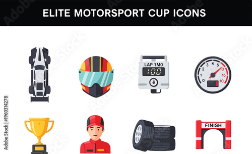 Set of elite motorsport cup icons including a race car, helmet, timer, speedometer, trophy, racer, flashlight, and finish line