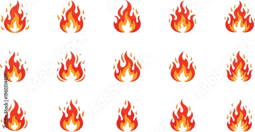 Collection of fiery flame icons, representing heat, energy, and passion in a vibrant, dynamic design