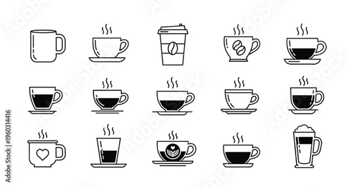 Coffee cup outline icons set hot drink mugs takeaway espresso vector collection