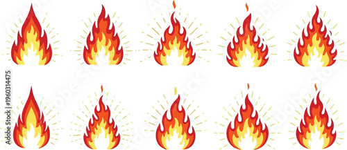 Collection of cartoonish animated fire icons in multiple stages of burning