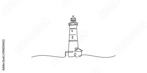 A minimalist line drawing of a lighthouse on a rocky coastline coast sea ocean wave