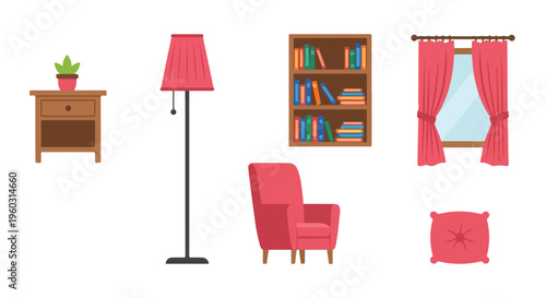 Flat lay illustration of various red furniture and decor items on a white background including a chair, lamp, ottoman, bookshelf, and side table.