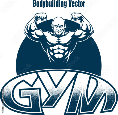 A muscular bodybuilder flexing his biceps and pecs above a large textured gym logo