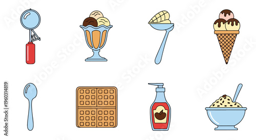 Flat lay illustration of various ice cream and dessert icons on a white background with a colorful and appetizing mood.