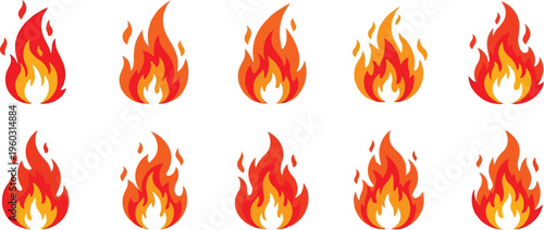 Collection of diverse fiery flame icons representing heat, energy, and passion in various artistic styles