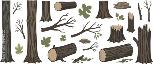Tree trunk and wood log vector set with branches stumps bark and forest elements natural illustration isolated on white background