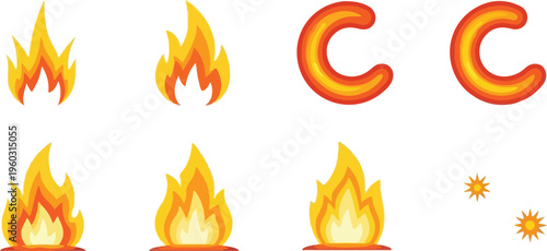 Set of fire flames, embers, and letters with a fiery glow, representing heat and energy