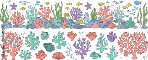 Underwater coral reef border vector set with fish, sea plants and marine elements, colorful ocean scene collection isolated on white background illustration