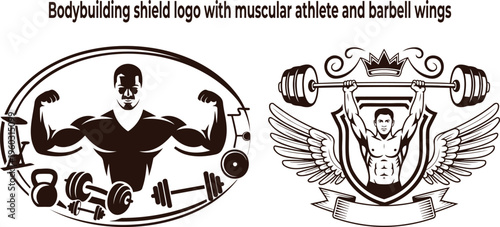 Muscular men flexing and lifting barbells appear within powerful bodybuilding and fitness logos