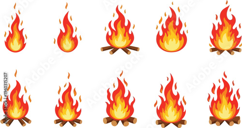 Animated campfire icons showing a gradual increase in flame size and intensity, perfect for digital displays