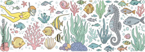 Underwater diving vector set with scuba diver, fish, seahorse and coral reef elements, detailed ocean life collection isolated on white background illustration