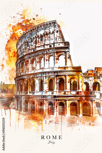 Rome city landmark watercolor and ink splash illustration elegant architecture artistic paint splatter wall art