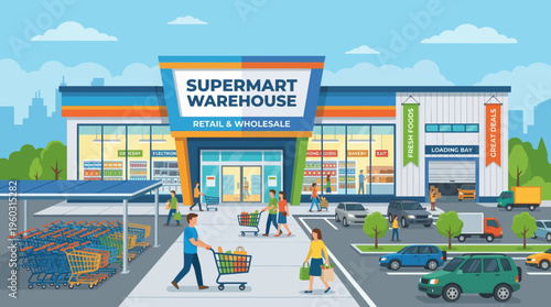 Flat 2D vector illustration of a modern superstore and wholesale warehouse, bustling with shoppers, cars, and delivery. A vibrant commercial retail landscape