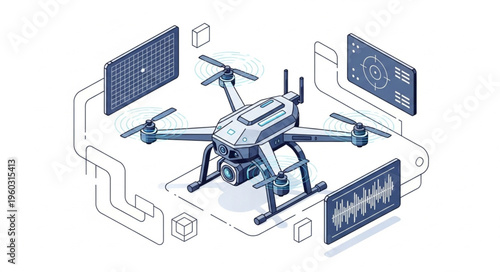Detailed illustration of a modern drone with advanced technology and features.