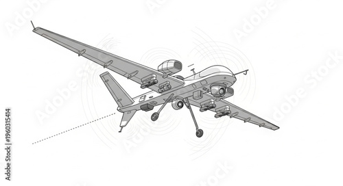 Detailed illustration of a military drone aircraft in flight, aerial view.