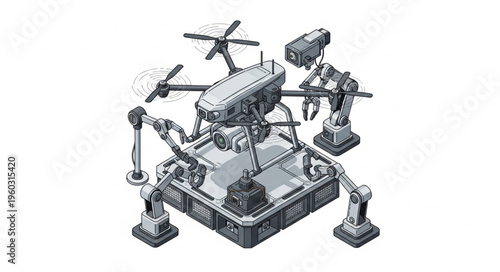Detailed illustration of a drone with robotic arms and advanced technology.