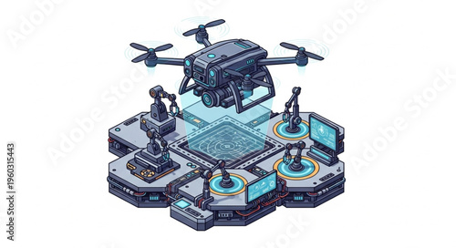 Futuristic drone technology station with advanced digital control systems and robotic arms.