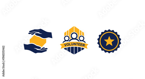 Set of volunteer and charity icons: hands holding donation, volunteer badge, star award