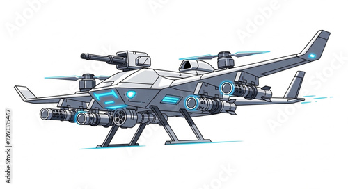 Futuristic military drone with advanced weaponry and landing gear, ready for action.