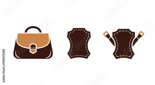 Leather Goods: Briefcase, Hide Sample, and Strap with Buckles - Vector Icons