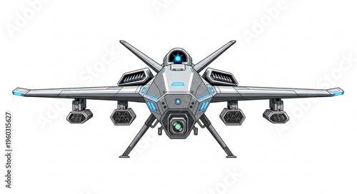 Futuristic spacecraft design with advanced weaponry and technological features.