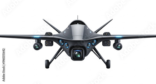 Advanced military drone with advanced technology and surveillance capabilities in flight.