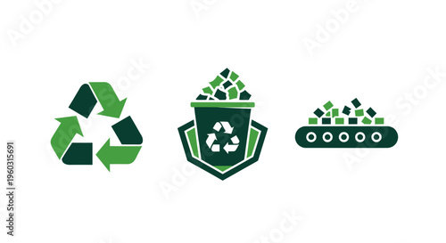 Recycling symbols, bin, and conveyor belt icons