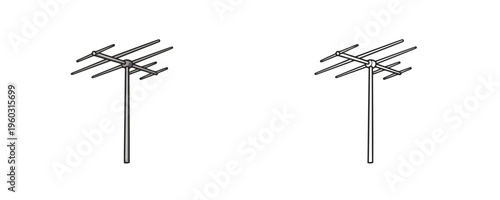 Drawn style vector illustration of a grey television antenna and its outline version on white background, representing signal, telecommunications, or broadcasting