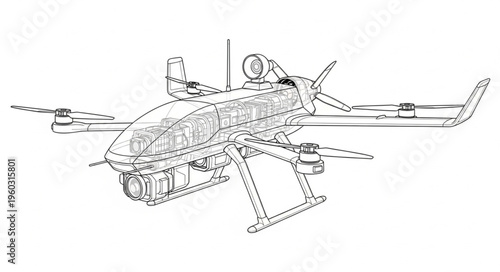 Detailed illustration of a futuristic unmanned aerial vehicle with advanced technology.