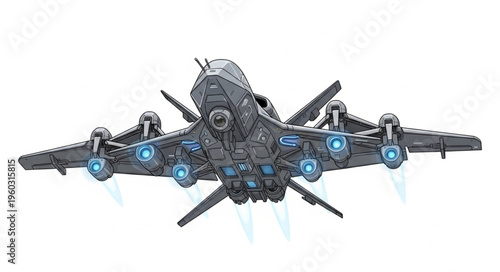 Futuristic aircraft design showcasing advanced technology and aerial capabilities in flight.