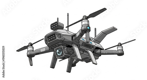 High-tech drone with multiple propellers and advanced camera system.
