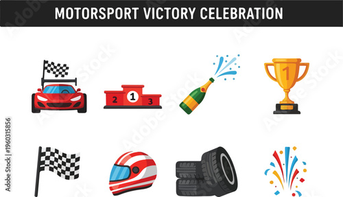 Collection of Motorsport Victory Celebration Icons Featuring a Race Car, Podium, Trophy, Helmet, and Champagne
