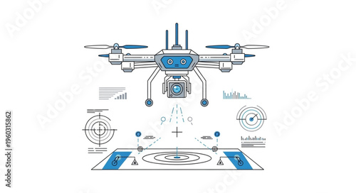 Detailed illustration of a drone with advanced technology and targeting systems.