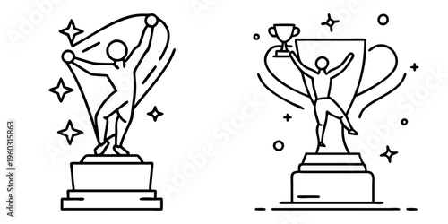 Black and white vector illustrations of two trophies with winning people