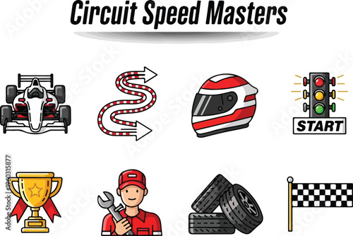 Speed racing icons for circuit masters, including race car, helmet, trophy, and checkered flag