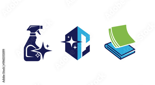 Cleaning service logo icons: spray bottle, sparkle shield, and cloth. Professional cleaning concept.