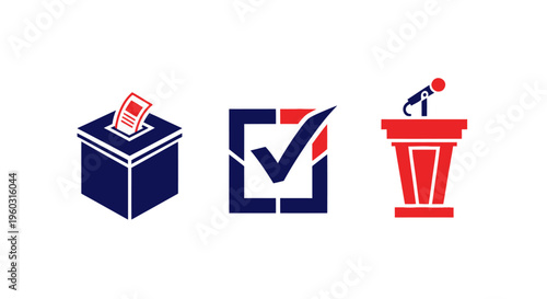 Election symbols: Ballot box, checkmark in square, podium with microphone