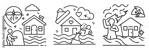 Simple line drawings depicting flood damage to homes and community services
