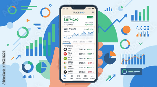 Online trading platform displayed on a smartphone with financial charts and graphs, symbolizing investment and market analysis