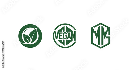 Vegan and Organic Food Labels, Green Leaf Icons, Hexagon Logo