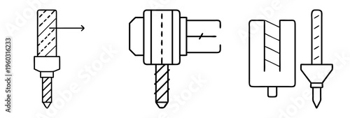 Technical illustration of various mechanical and electrical components in line art style