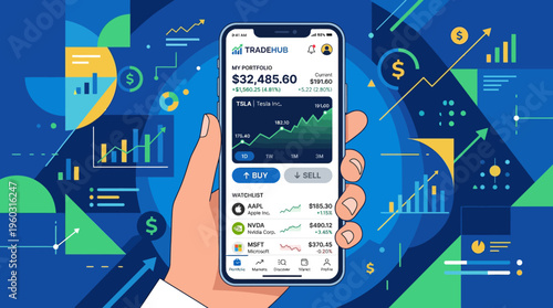 Digital mobile phone trading platform displaying stock market graphs and financial data with abstract geometric background
