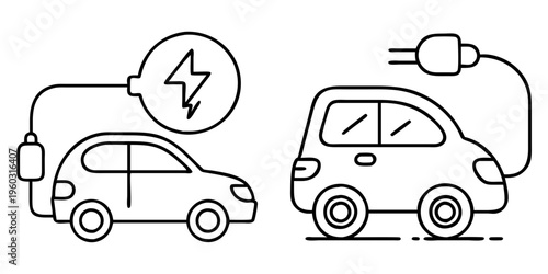 Electric vehicle charging station and car with electricity symbol graphic illustration