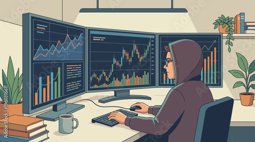 Flat 2D vector illustration of a stock trader analyzing financial data on multiple monitors