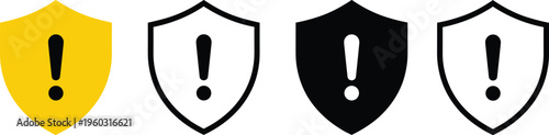 Warning shield alert icons set with exclamation mark symbols for security caution protection risk notification and safety interface design