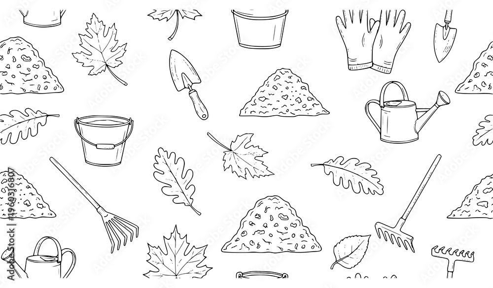 Obraz premium Hand drawn garden mulching seamless pattern thin line vector design