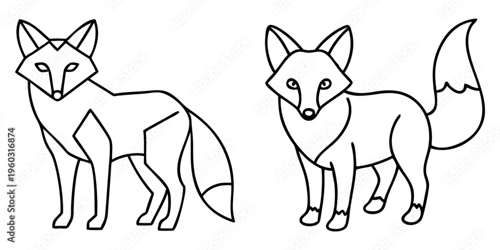 Naklejka premium Outlined fox drawings in geometric and rounded style standing next to each other