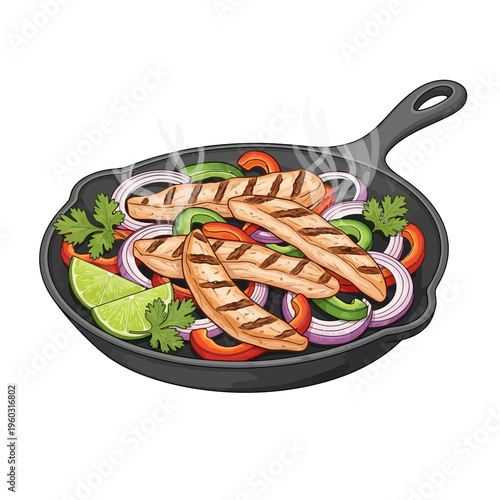 Grilled Chicken Fajitas in Cast Iron Skillet with Vegetables and Lime