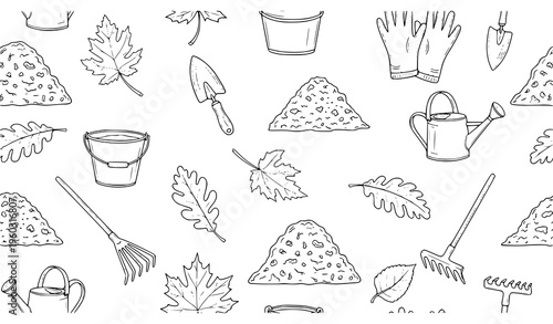 Hand drawn garden mulching seamless pattern thin line vector design
